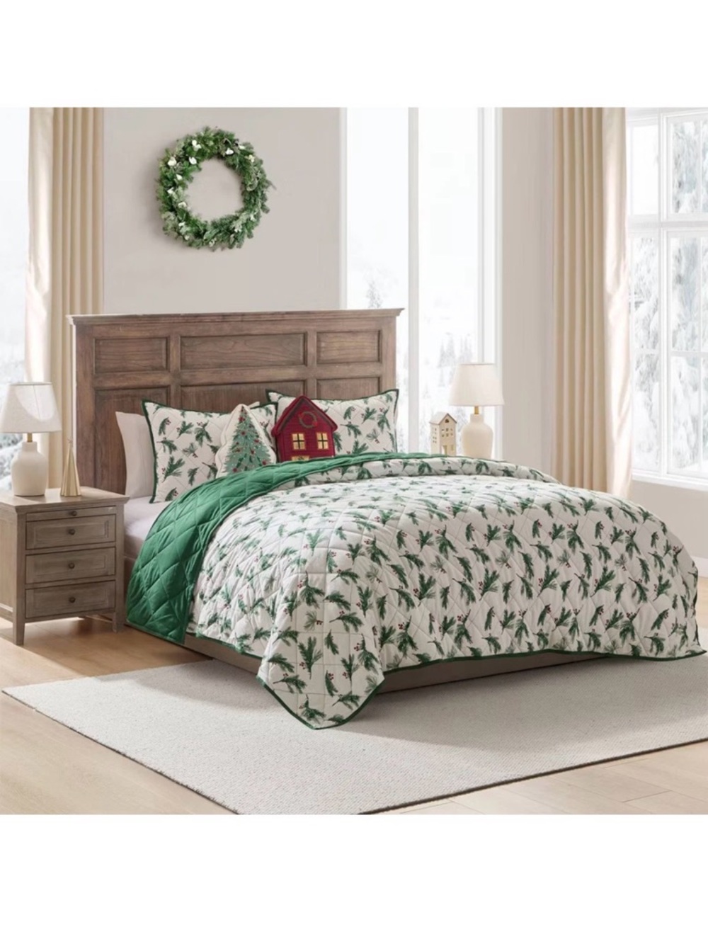 Festive Green and White Pine Branch Reversible Flannel Comforter Set ~ KING - Picture 7 of 8